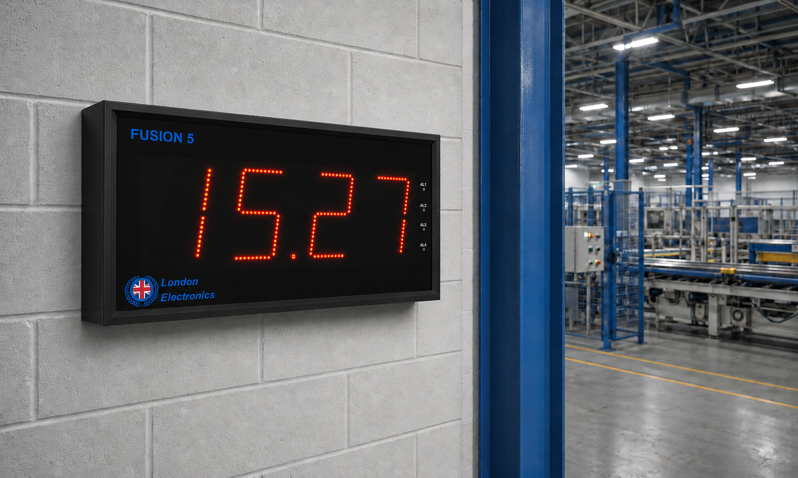 Fusion 5 4 digit clock on factory wall - red Fusion 5 4 digit clock on factory wall - red