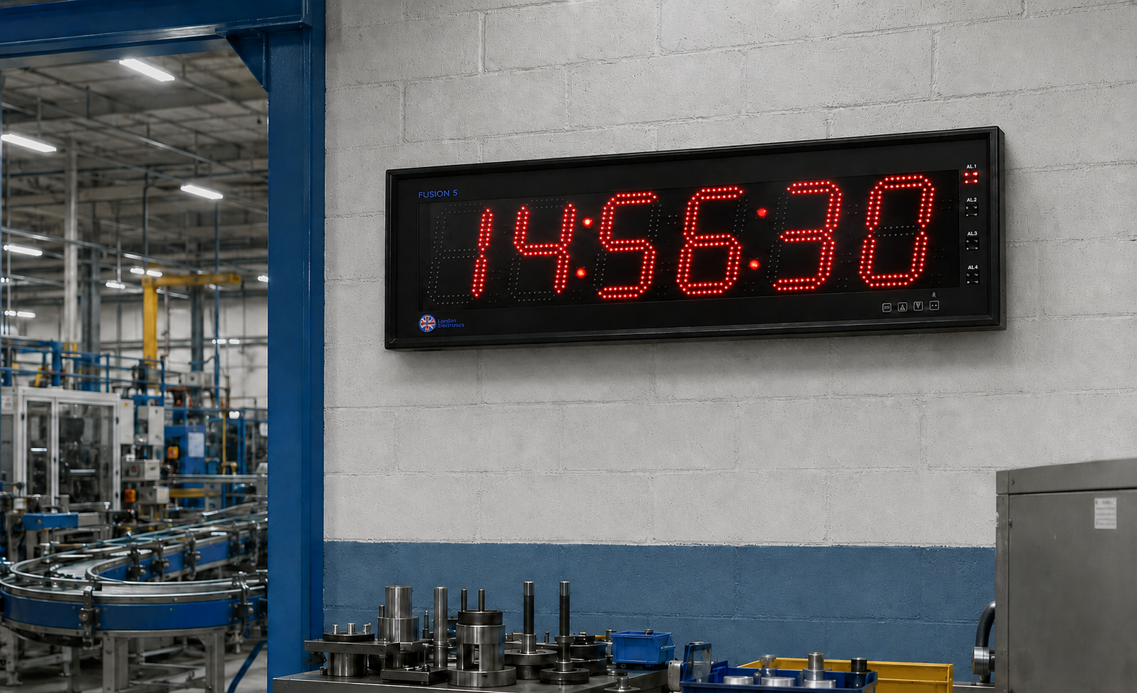 Fusion 5 6 digit clock on factory wall - red digits