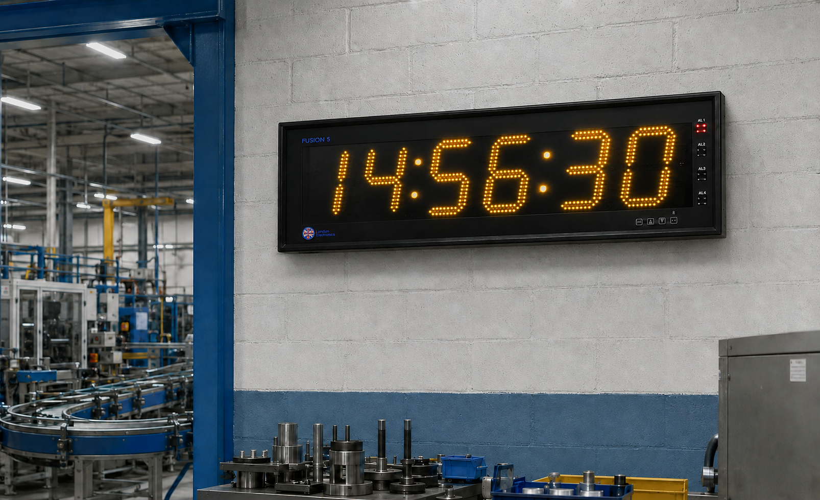 Fusion 5 6 digit clock on factory wall - yellow digits Fusion 5 6 digit clock on factory wall - yellow digits